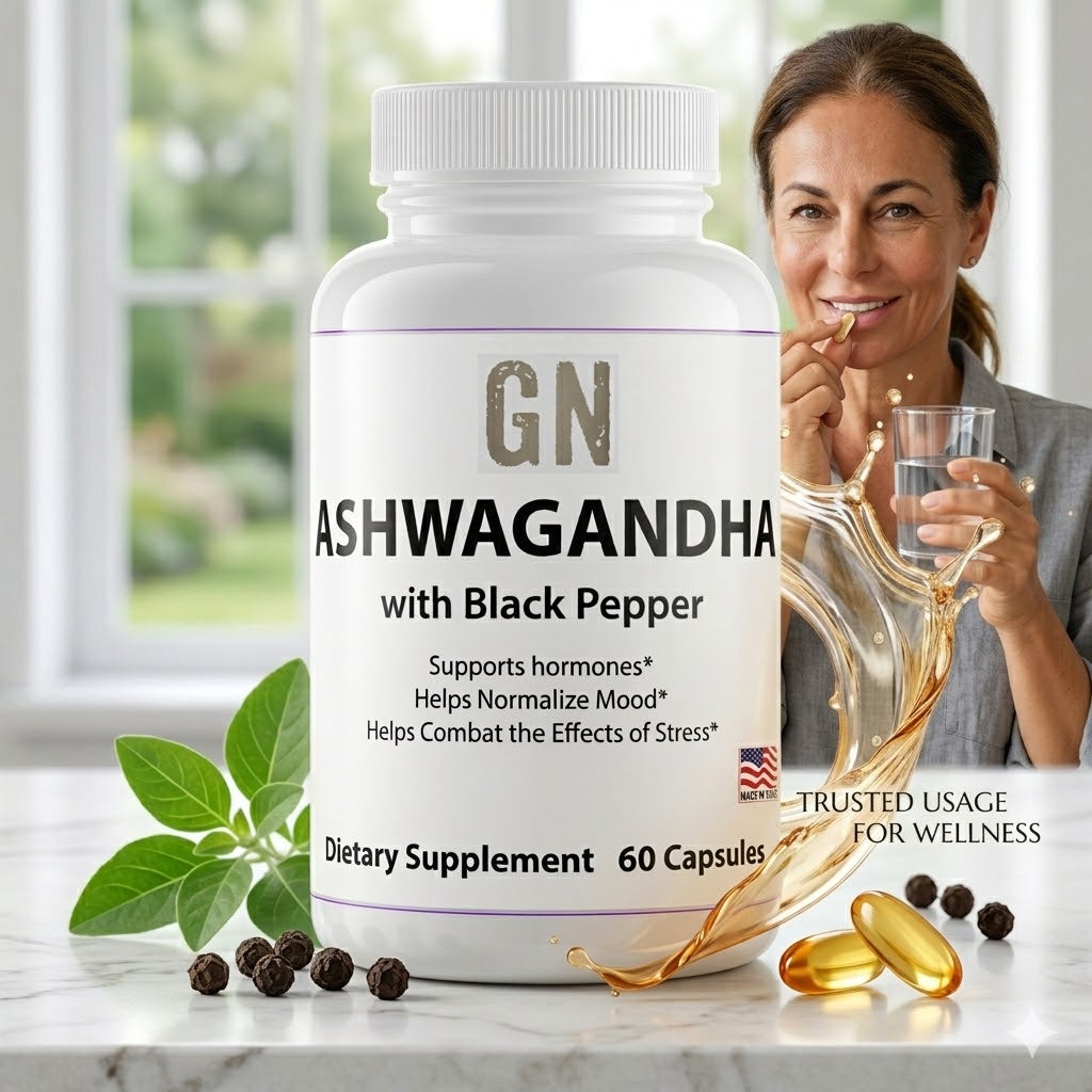 Supplement bottle labeled 'GN Ashwagandha with Black Pepper' on a marble surface with a woman in the background.