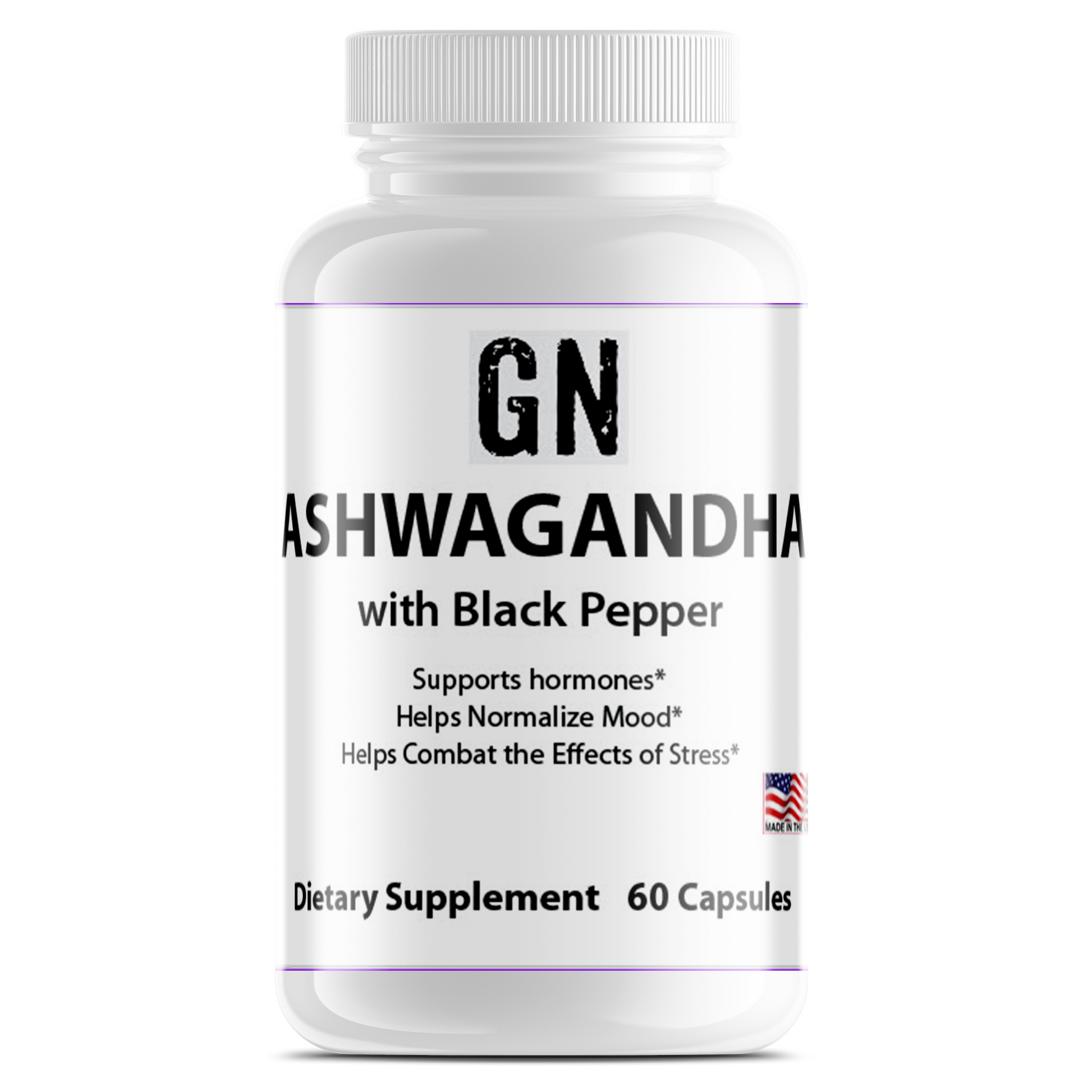 Supplement bottle labeled 'GN Ashwagandha with Black Pepper' on a white background