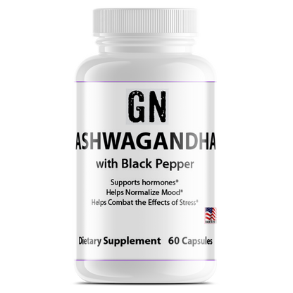 Supplement bottle labeled 'GN Ashwagandha with Black Pepper' on a white background
