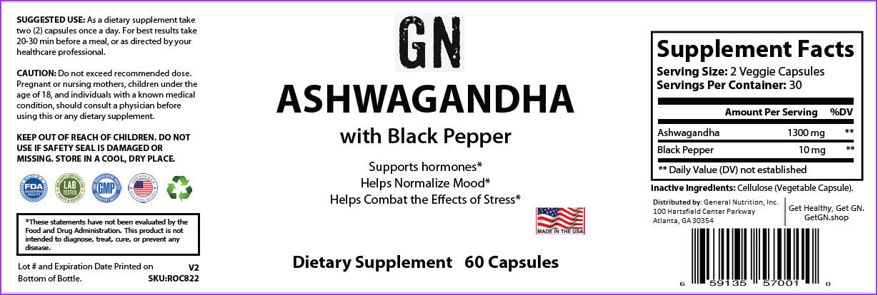 Supplement label for GN Ashwagandha with Black Pepper dietary supplement.