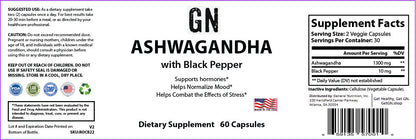 Supplement label for GN Ashwagandha with Black Pepper dietary supplement.