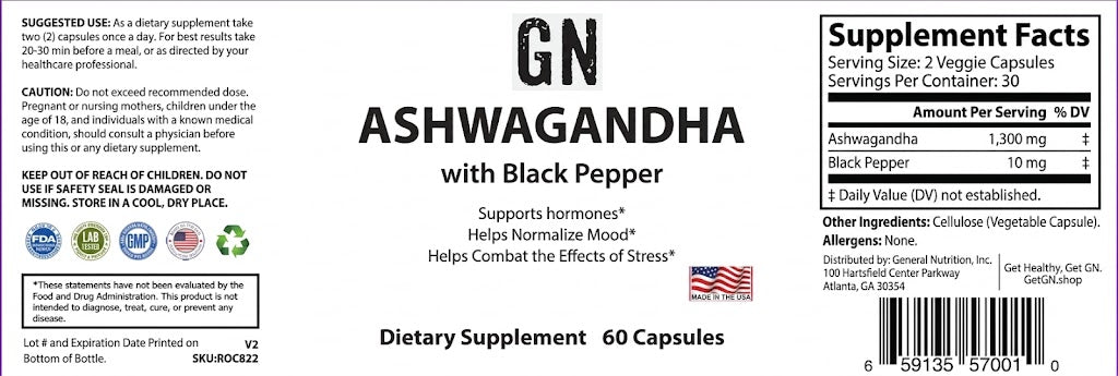 Supplement label for Ashwagandha with Black Pepper dietary supplement