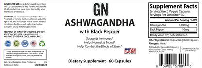 Supplement label for Ashwagandha with Black Pepper dietary supplement
