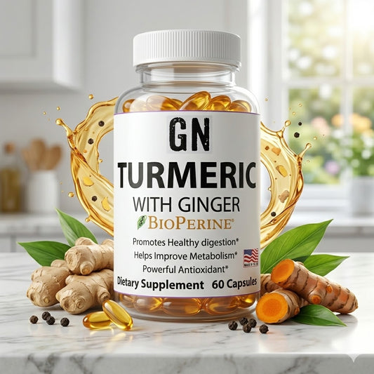 Supplement bottle labeled 'GN Turmeric with Ginger BioPerine' on a marble surface with turmeric roots and ginger.