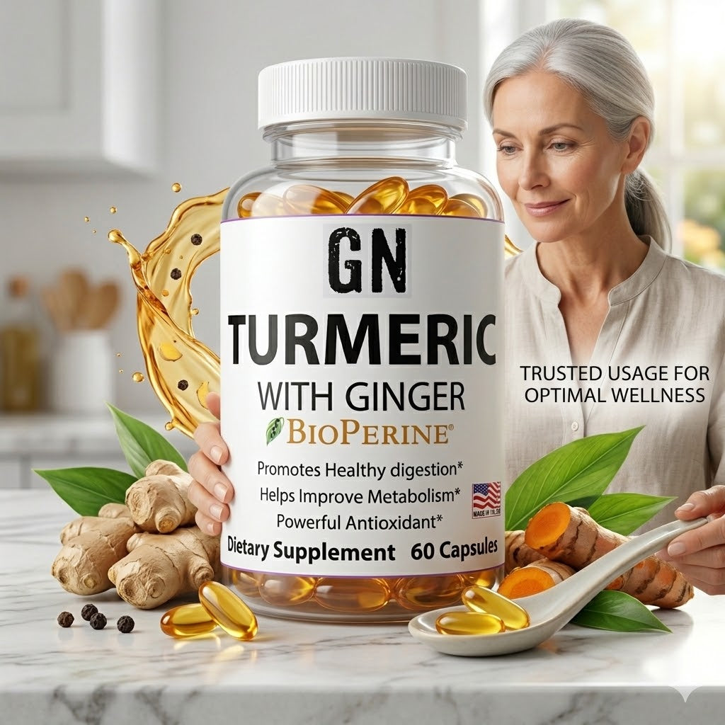 Woman holding a bottle of GN Turmeric with Ginger supplement in a kitchen setting
