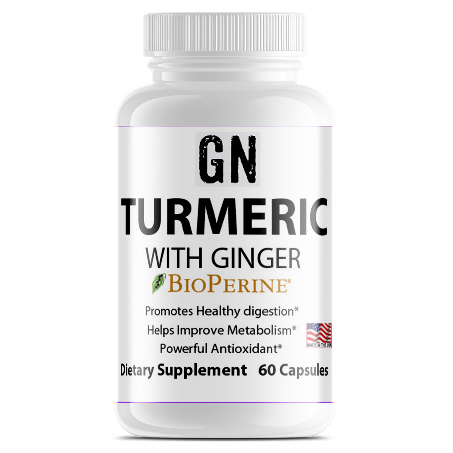 Supplement bottle labeled 'GN Turmeric with Ginger' on a white background