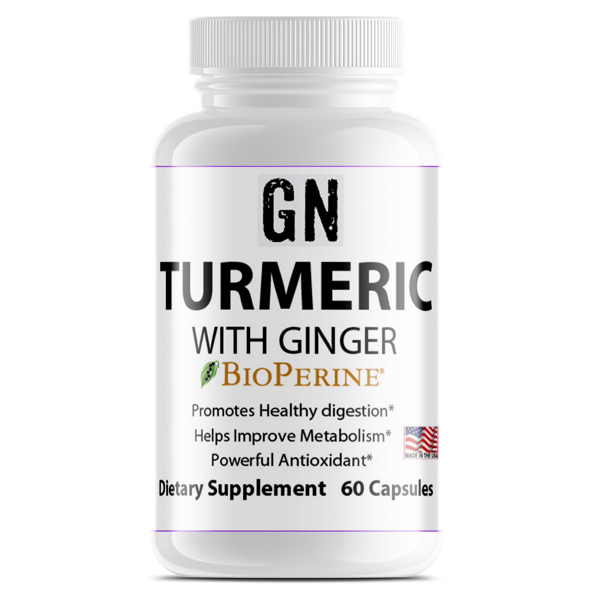 Supplement bottle labeled 'GN Turmeric with Ginger' on a white background