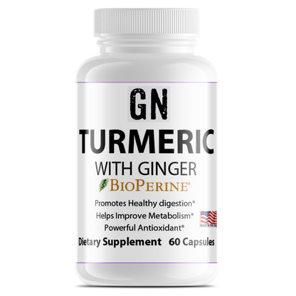 Supplement bottle labeled 'GN Turmeric with Ginger' on a white background
