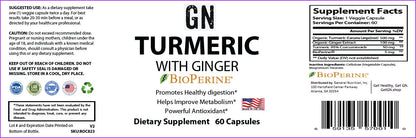 Supplement label for GN Turmeric with Ginger featuring BioPerine on a white background.