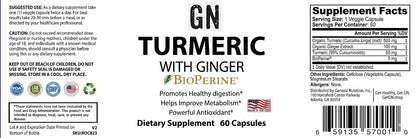 Supplement label for GN Turmeric with Ginger featuring BioPerine on a white background.