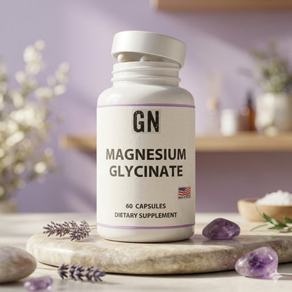 Supplement bottle labeled 'GN Magnesium Glycinate' on a wooden surface with decorative elements.