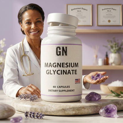 Woman holding a bottle of GN Magnesium Glycinate supplement with a purple background.