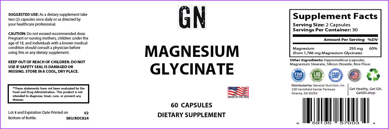 Supplement label for Magnesium Glycinate with various logos and text on a white background.