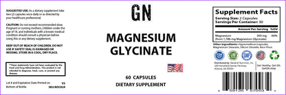 Supplement label for Magnesium Glycinate with various logos and text on a white background.