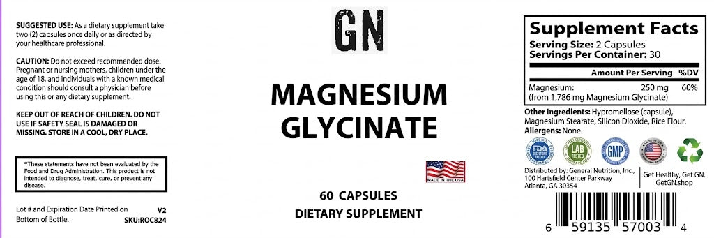 Supplement label for Magnesium Glycinate with branding and nutritional information.