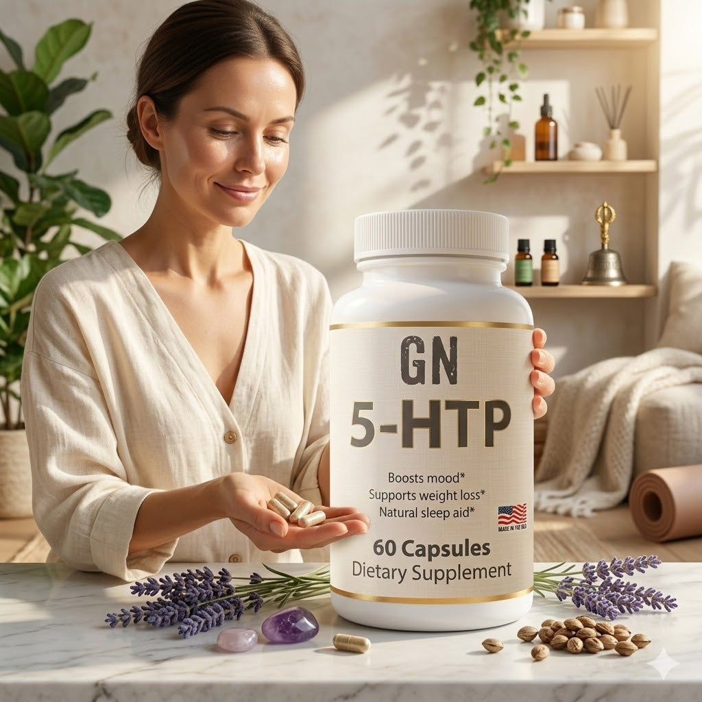 Woman holding a bottle of GN 5-HTP dietary supplements in a home setting.