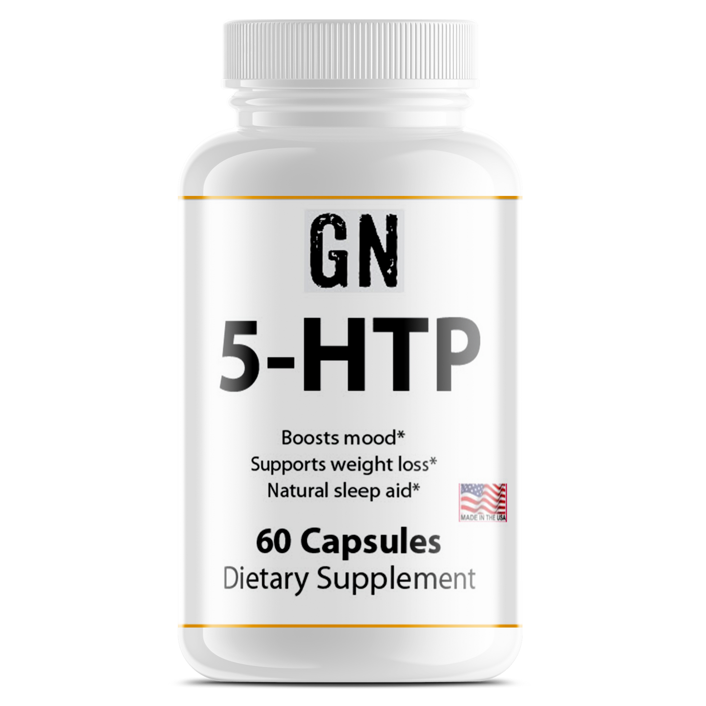 Supplement bottle labeled 'GN 5-HTP' with claims on a white background