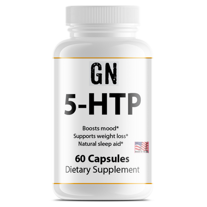 Supplement bottle labeled 'GN 5-HTP' with claims on a white background