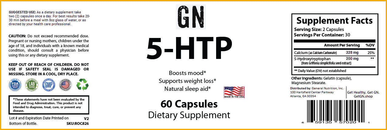 Supplement label for GN 5-HTP with text and graphics on a white background