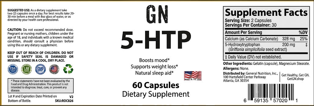 Supplement label for GN 5-HTP dietary supplement with black text on a white background