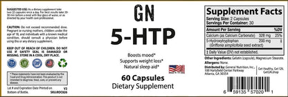 Supplement label for GN 5-HTP dietary supplement with black text on a white background