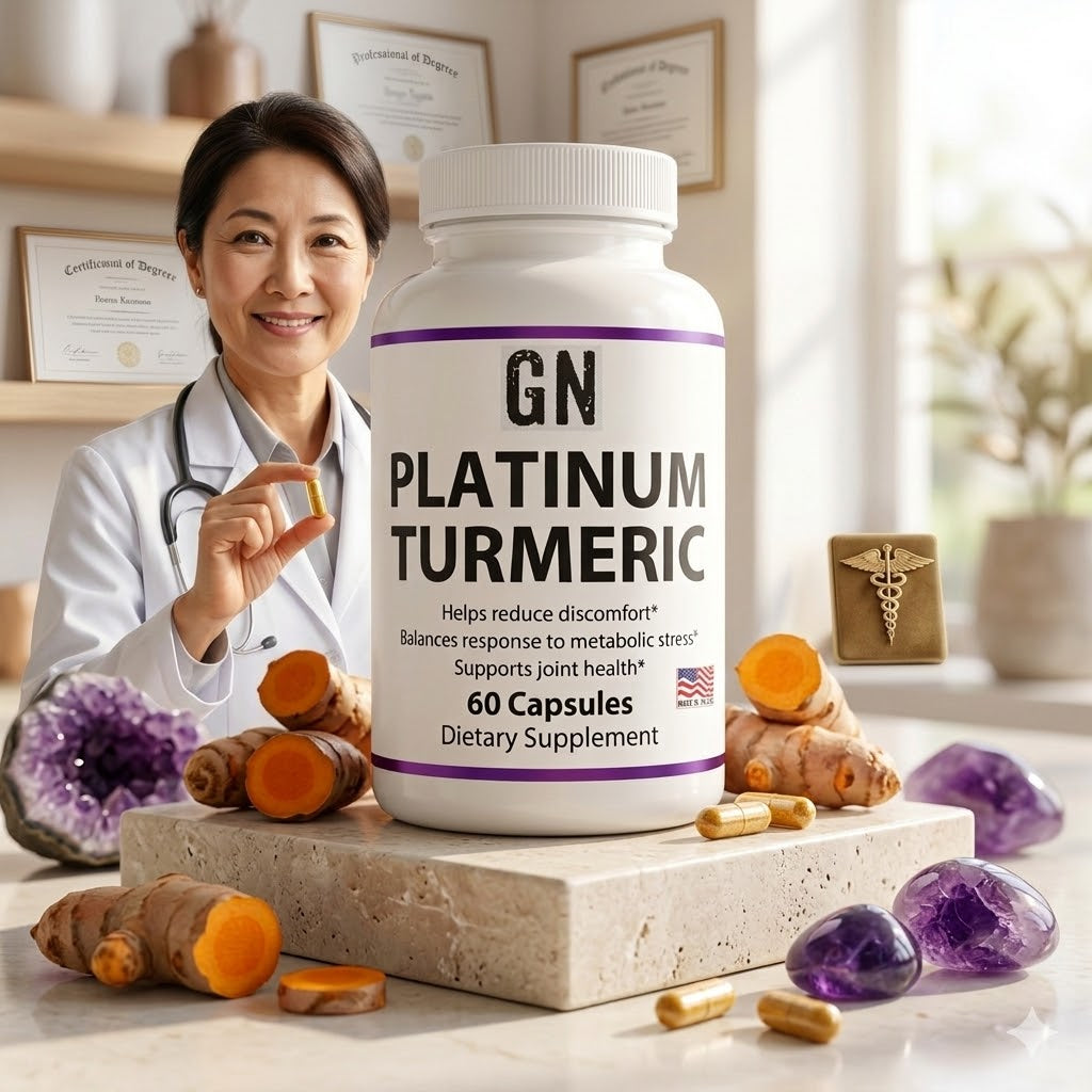 Woman holding a supplement bottle labeled 'GN Platinum Turmeric' with turmeric roots and capsules on a table.