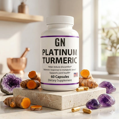GN Platinum Turmeric supplement bottle on a surface with turmeric roots and crystals.