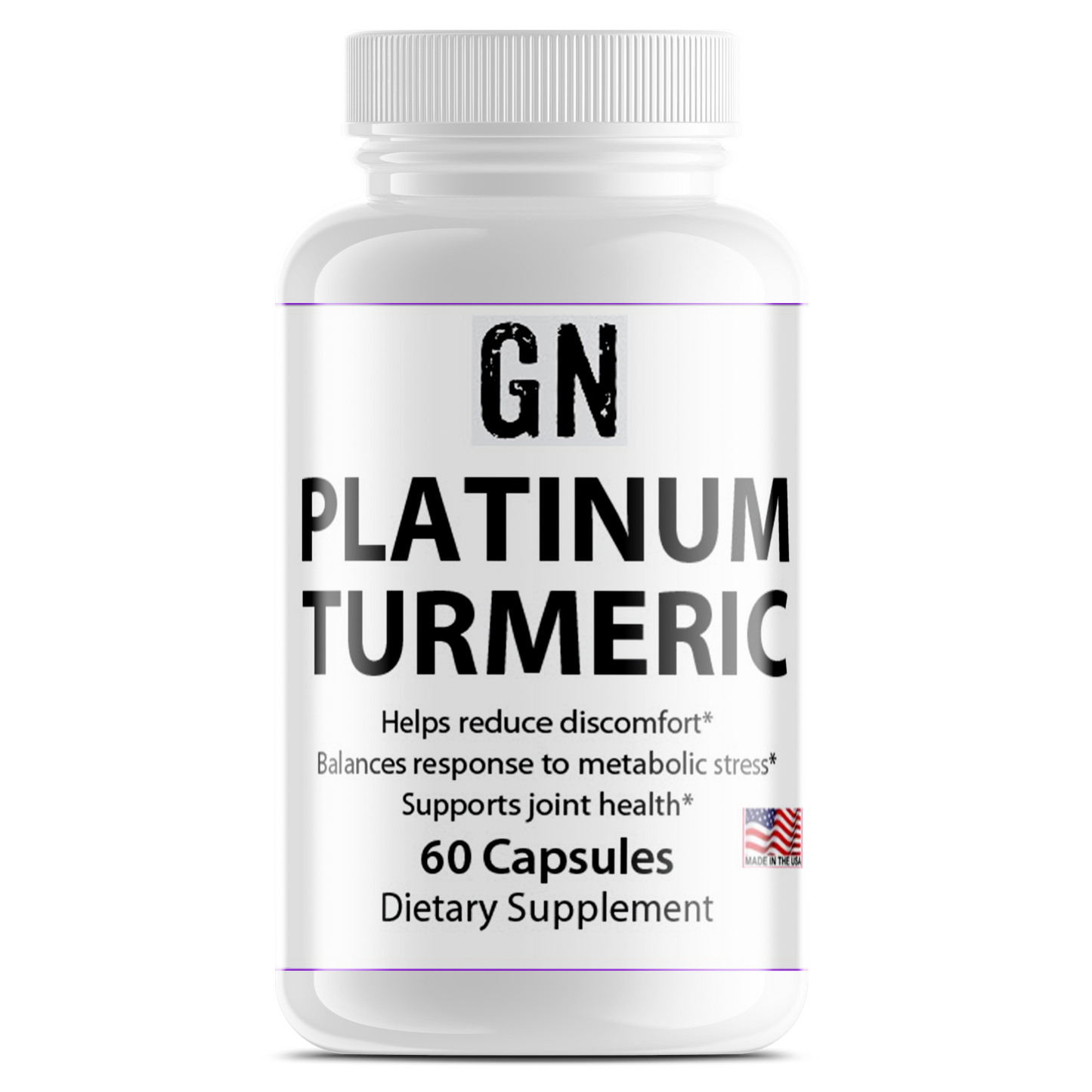 Supplement bottle labeled 'GN Platinum Turmeric' on a white background