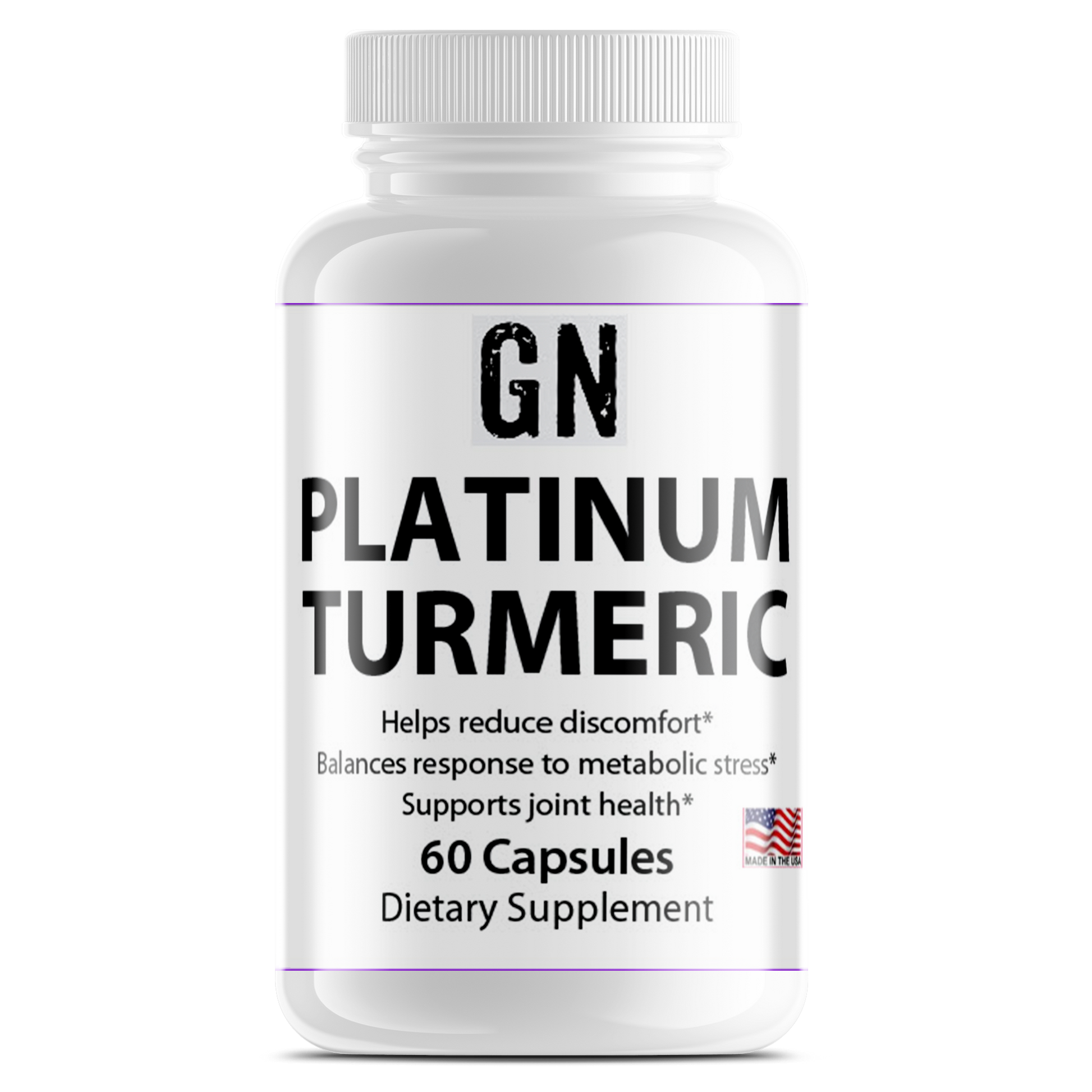 Supplement bottle labeled 'GN Platinum Turmeric' on a white background