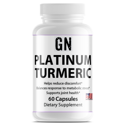 Supplement bottle labeled 'GN Platinum Turmeric' on a white background