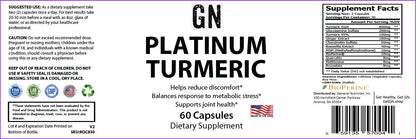 Supplement label for GN Platinum Turmeric with text and graphics on a white background