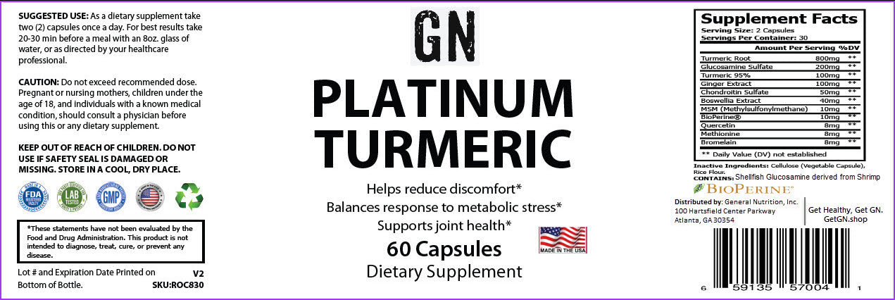 Supplement Label for Platinum Turmeric