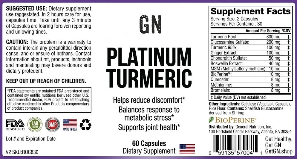 Supplement label for Platinum Turmeric with text and product details.