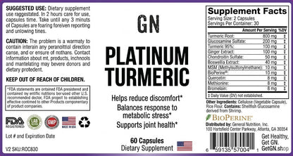 Supplement label for Platinum Turmeric with text and product details.