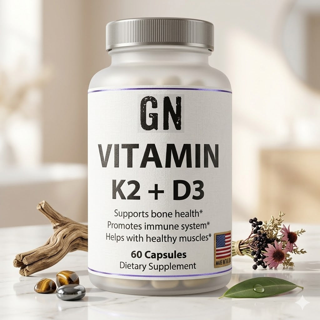 Supplement bottle labeled 'GN Vitamin K2 + D3' on a blurred natural background