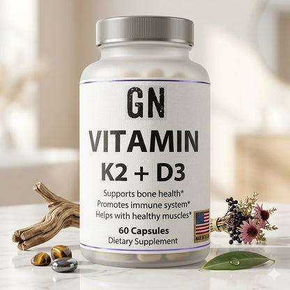 Supplement bottle labeled 'GN Vitamin K2 + D3' on a blurred natural background
