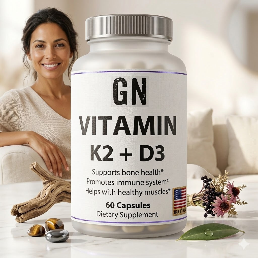 Supplement bottle labeled 'GN VITAMIN K2 + D3' with a woman in the background
