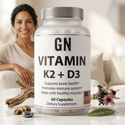 Supplement bottle labeled 'GN VITAMIN K2 + D3' with a woman in the background