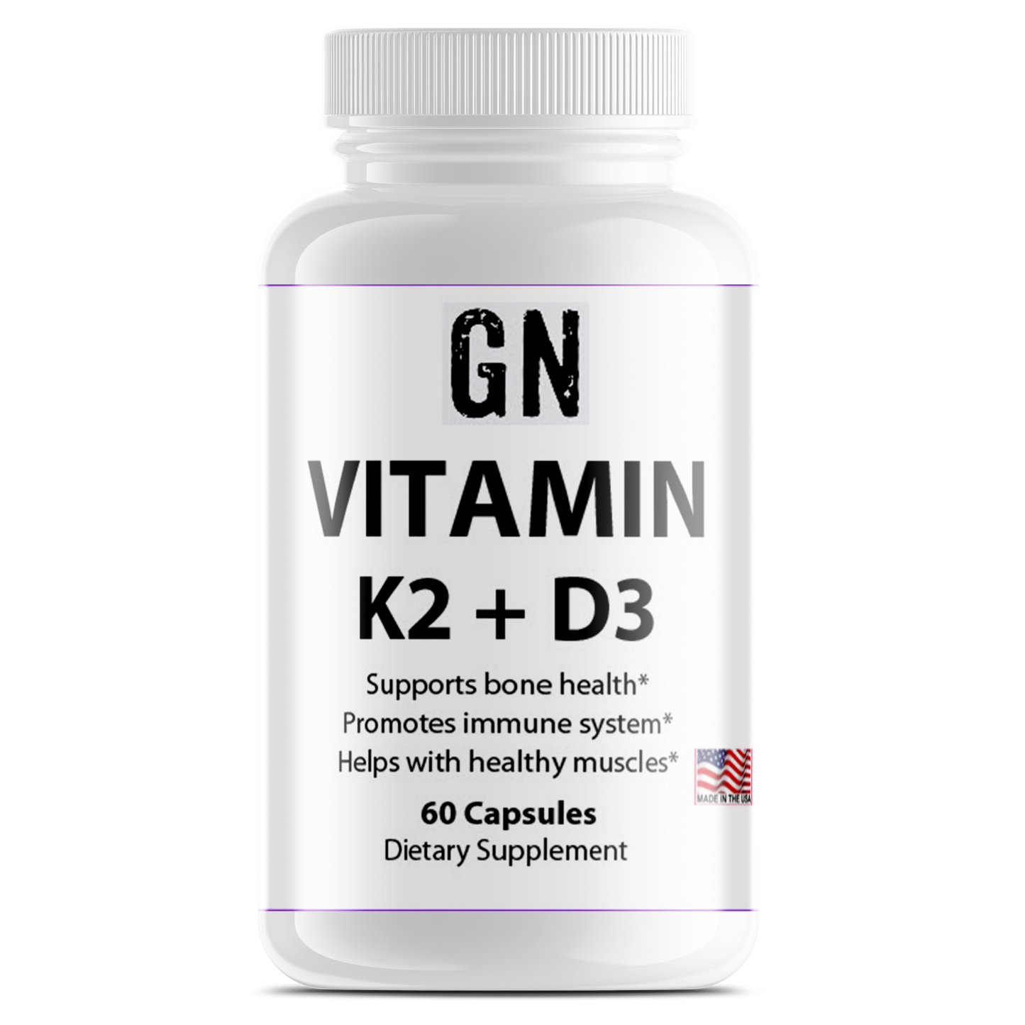 Supplement bottle labeled 'GN Vitamin K2 + D3' on a white background