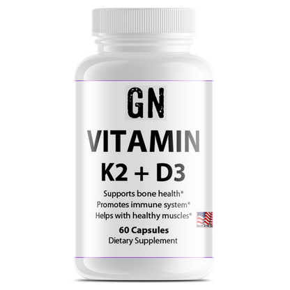 Supplement bottle labeled 'GN Vitamin K2 + D3' on a white background