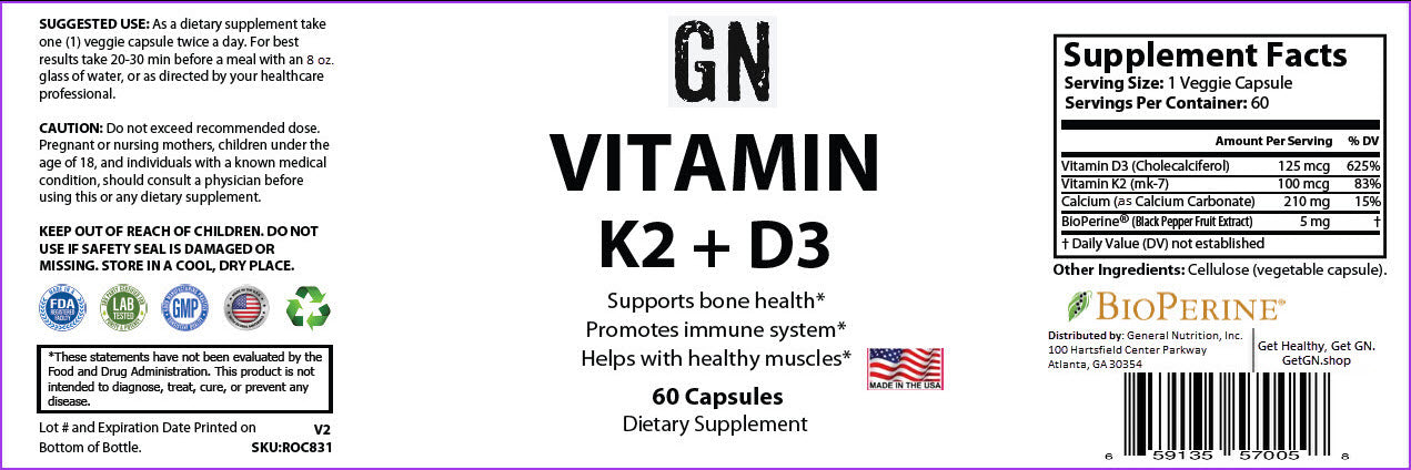 Supplement label for GN Vitamin K2 + D3 with BioPerine on a white background