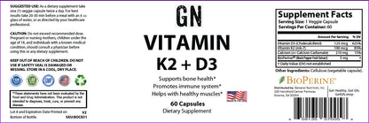 Supplement label for GN Vitamin K2 + D3 with BioPerine on a white background