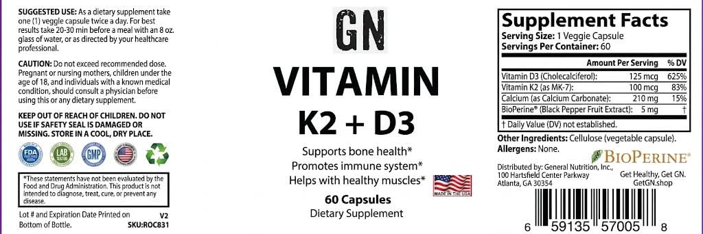 Supplement label for Vitamin K2 + D3 capsules with BioPerine on a white background