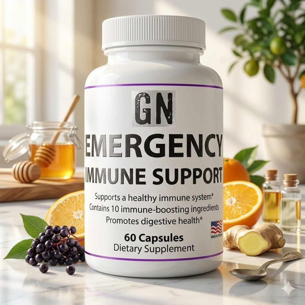 Supplement bottle labeled 'GN Emergency Immune Support' on a table with fruits and a plant in the background.