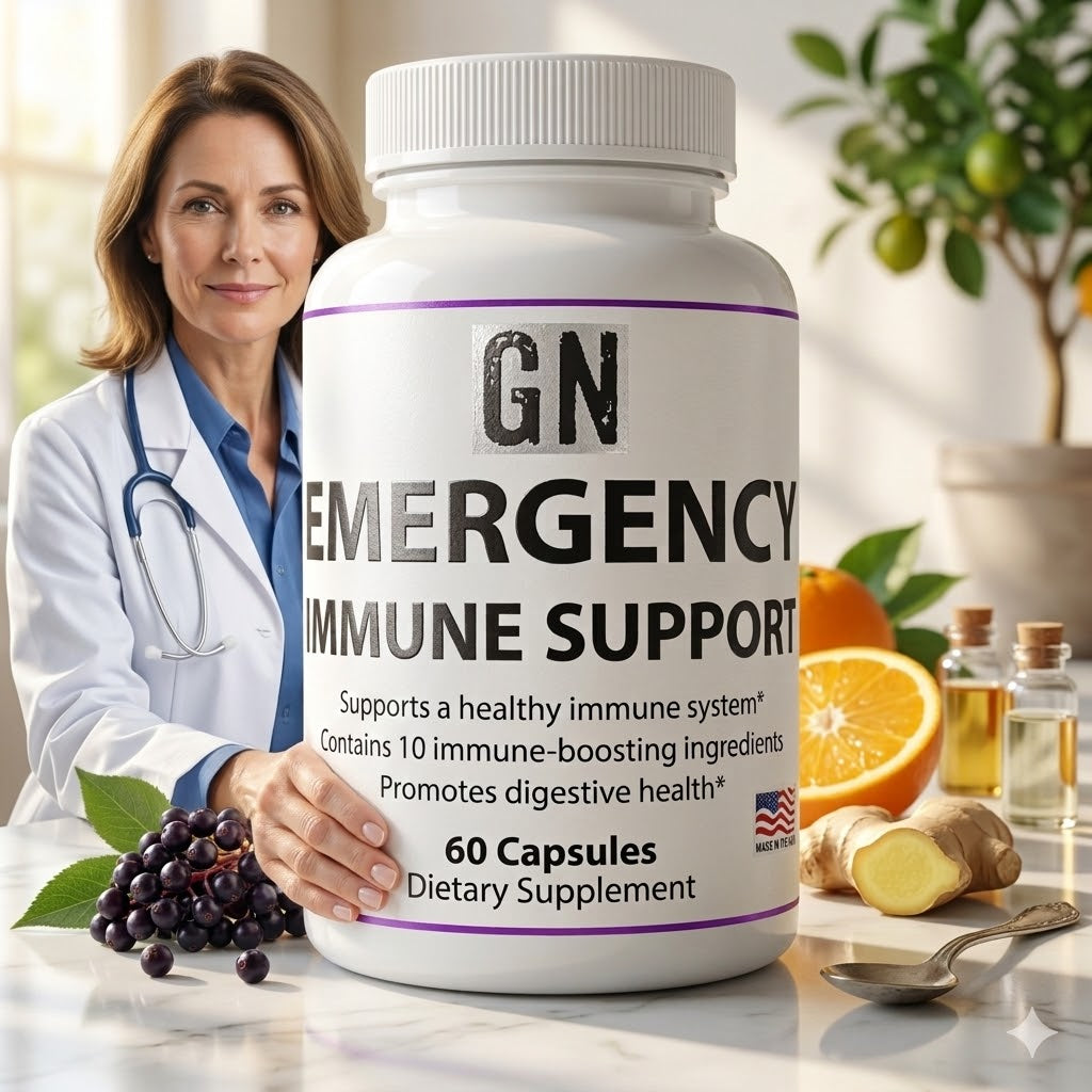 Supplement bottle labeled 'GN Emergency Immune Support' held by a person in a medical setting.