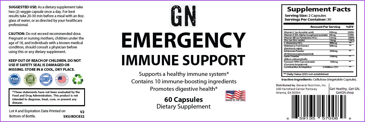 Supplement label for GN Emergency Immune Support with text and graphics on a white background.