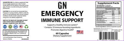 Supplement label for GN Emergency Immune Support with text and graphics on a white background.