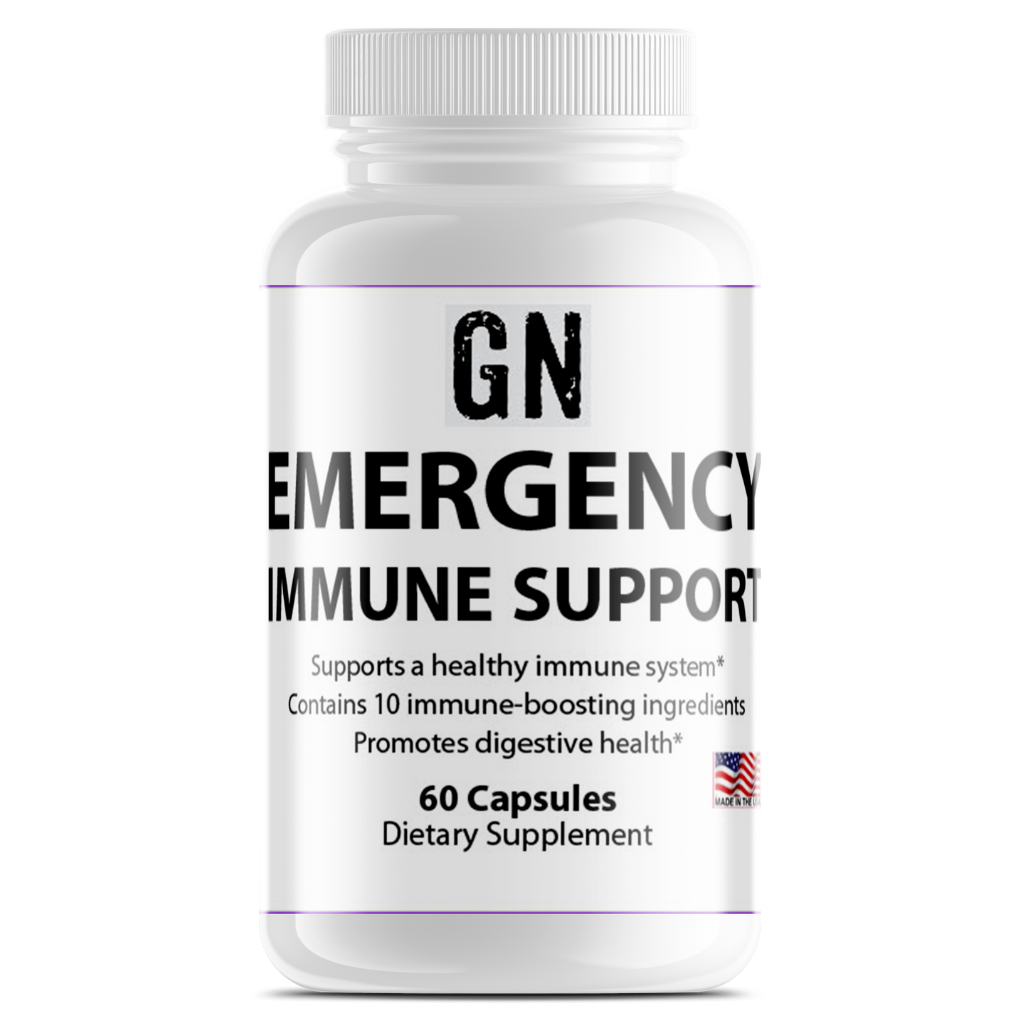 Supplement bottle labeled 'GN Emergency Immune Support' on a white background