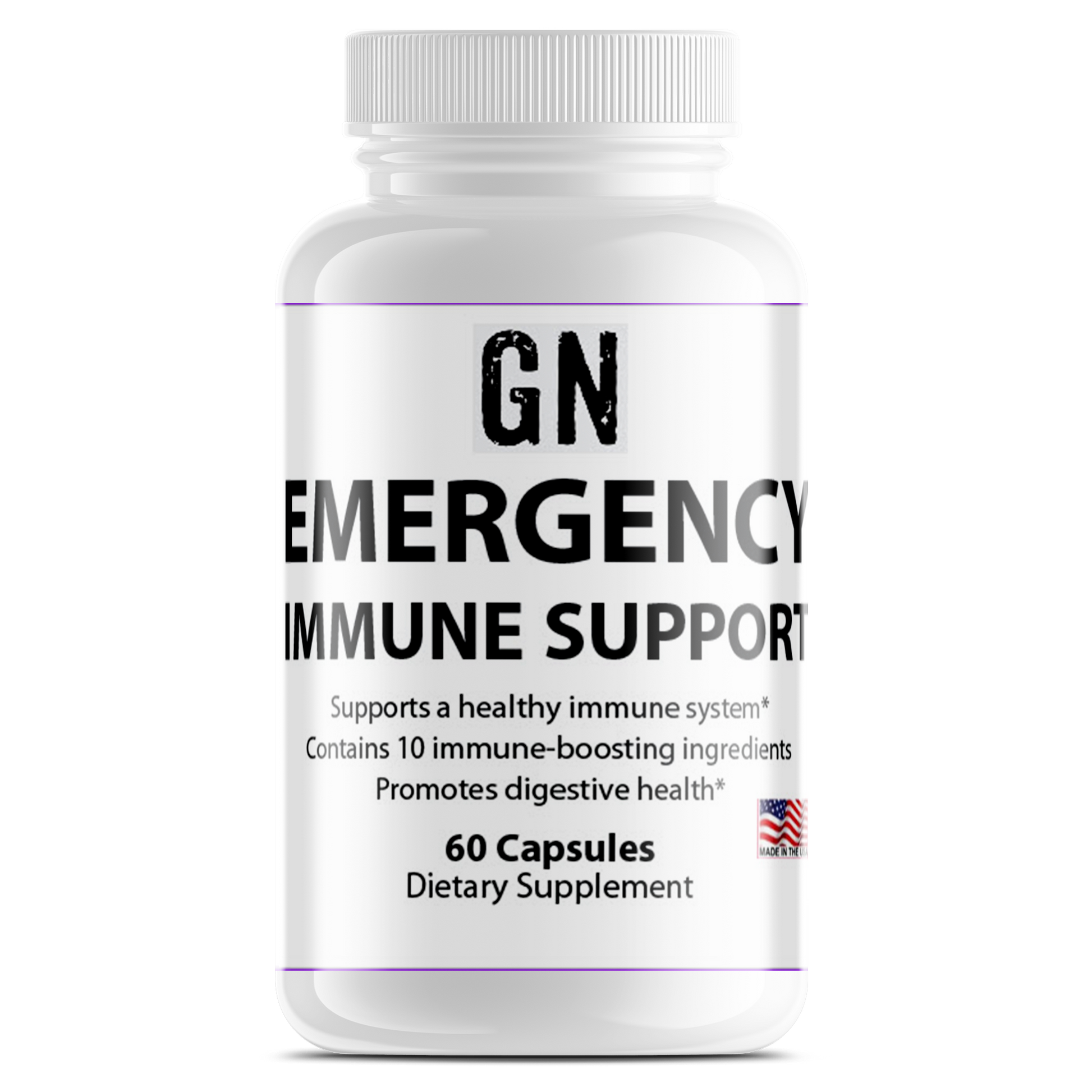 Supplement bottle labeled 'GN Emergency Immune Support' on a white background