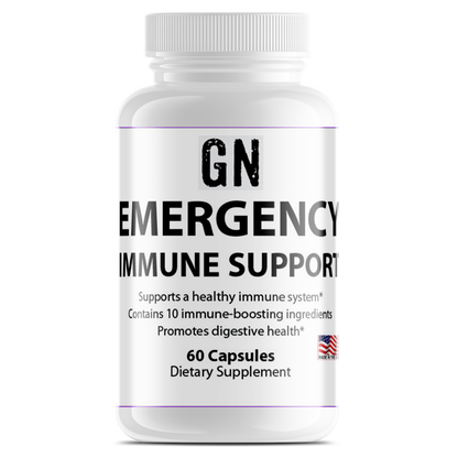 Supplement bottle labeled 'GN Emergency Immune Support' on a white background
